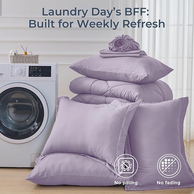 HEVUMYI Queen Purple Comforter Set - 7-Piece All Season Bed in a Bag Queen, Ultra Soft Bedding Set with Comforter, Flat Sheet, Fitted Sheet, Pillowcases, Pillow Shams, Lavender Purple