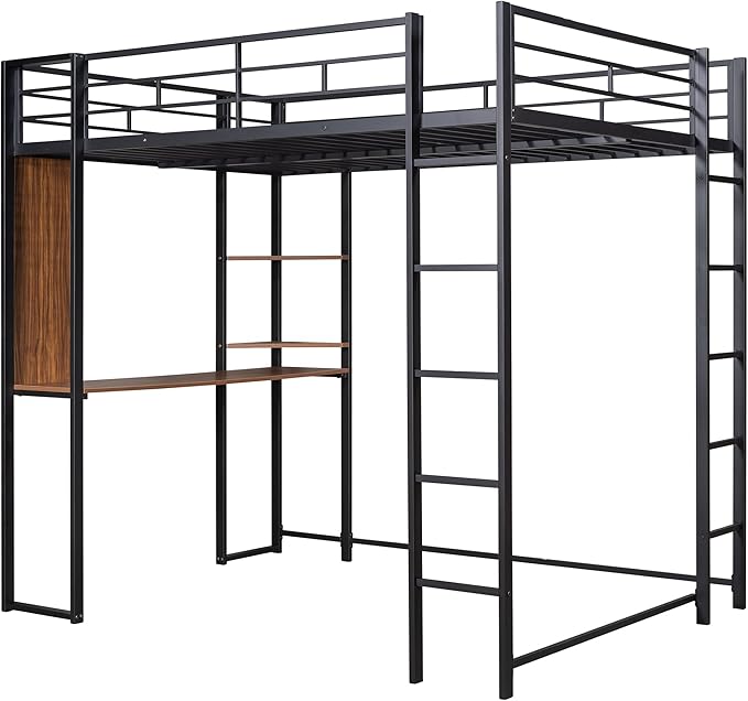 Full Size Metal Loft Bed with 2 Storage Shelves and 1 Desk,Steel Structure Bed Frame W/ 2 Build-in Ladders & Full-Length Guardrails,No Box Spring Needed,for Kids Teens Adults,Black