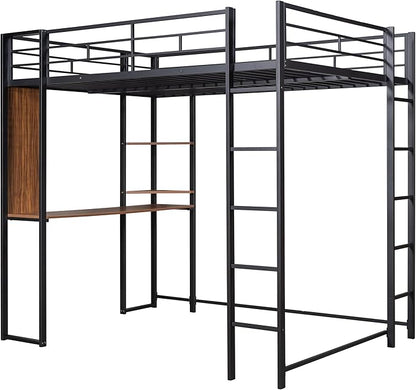 Full Size Metal Loft Bed with 2 Storage Shelves and 1 Desk,Steel Structure Bed Frame W/ 2 Build-in Ladders & Full-Length Guardrails,No Box Spring Needed,for Kids Teens Adults,Black
