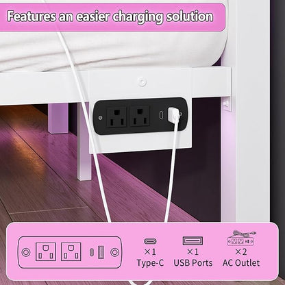 Queen Bed Frame with Headboard and Footboard,Steel Slats Support-LED Bed Frame with USB Charging Station,Mattress Foundation-Under Bed Storage,No Box Spring Needed,Noise Free,White