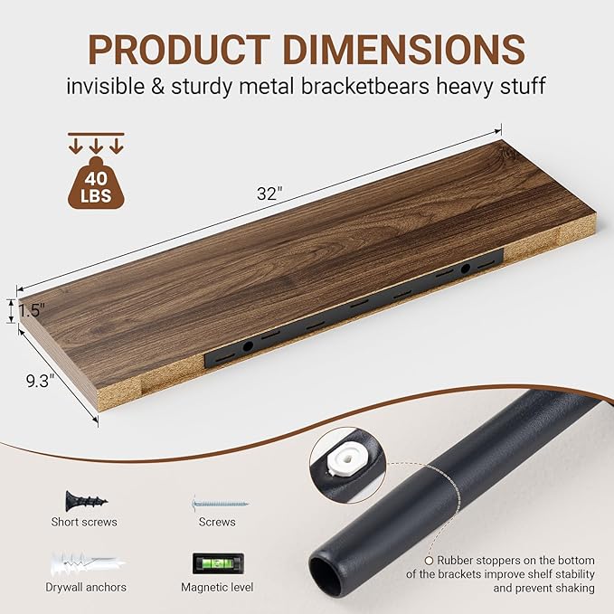 Heimlove 32 Inch Floating Shelves for Wall,Walnut 9.3" Deep Floating Shelf Set of 2,Wall Mounted Shelves for Bathroom Bedroom Living Room Kitchen Office,Shelf for Books Storage Room,Home Decor
