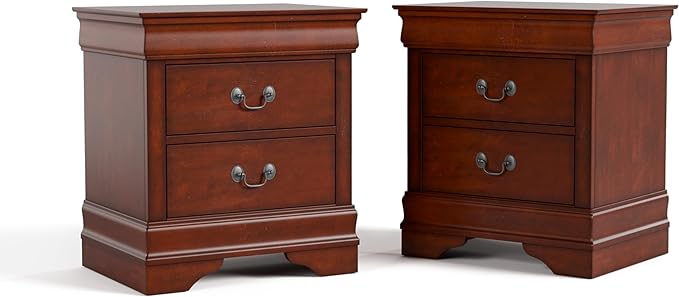 Furniture of America Arabella Traditional Solid Wood Nightstands Set of 2, Bedside Table with Drawers and Antique Nickle Handles, No Assembly Wooden Night Stands for Bedrooms, Guest Room, Dorm, Cherry