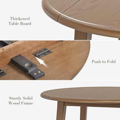 COLAMY 5-Piece Extendable Dining Table Set for 4, 36" Kitchen Round Wood Table with 4 Wooden Dining Room Chairs,Light Brown/Light Brown