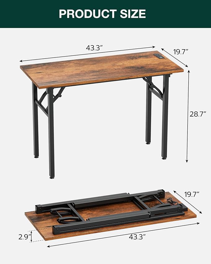 Frylr Small Folding Computer Desk – 43.3 Inch Portable Table for Craft and Study, Lightweight Desk for Small Spaces, Foldable Laptop Table Built-in AC/USB Outlets for Convenience, Rustic Brown