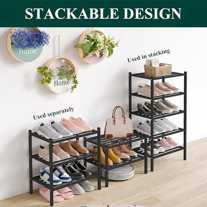 Smiry Small Bamboo Shoe Rack 2-Tier, Stackable Wooden Shoe Organizer for Entryway & Closet, Free Standing Wood Shoe Storage Shelf for Front Door & Small Spaces, Black