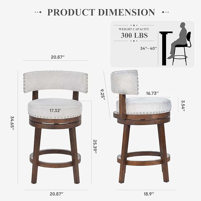 COLAMY Swivel Bar Stool, Modern Swivel Barstool with Back, Counter Height Bar Stools, 25 Inch Upholstered Wood Barstool for Kitchen Island Dining Room Bar, Beige