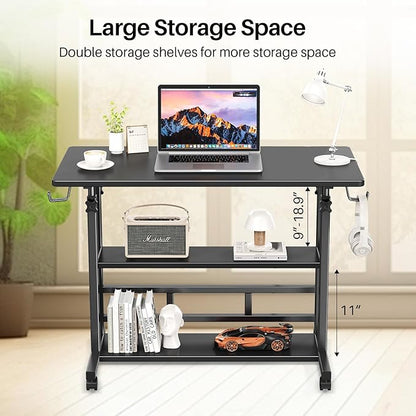 Adjustable Height Standing Desk, Rolling Stand Up Desk with Storage Shelves, 31.5" Small Mobile Computer Desk, Portable Laptop Table (Simple Black)