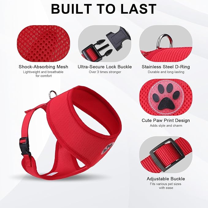 BINGPET BB5001 Soft Mesh Dog Harness Pet Walking Vest Puppy Padded Harnesses Adjustable, Red Small