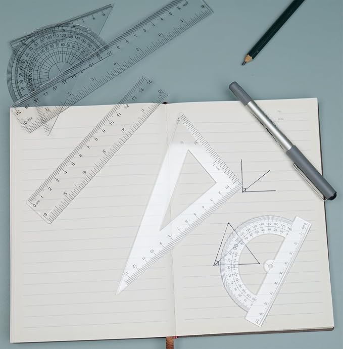 Geometry Set, 6-Piece Clear Plastic Math Ruler, Drafting Ruler Kit Includes Protractor, Triangle Ruler, Straight Ruler-Math Measurement Tools for Students, School and Office Supplies
