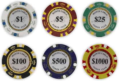 DA VINCI Monte Carlo Poker Club Set of 500 14 Gram 3 Tone Chips with Upgrade Ding Proof Black ABS Case, 2 Decks Plastic Playing Cards, 2 Cut Cards, Dealer and Blind Buttons