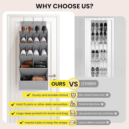 15 Pockets Over the Door Shoe Organizer, Shoe Rack for Closet Door with Large Breathable Pockets, Hanging Shoes Rack for Boots Size, Behind the Door Organizer Shoe Holder for Flexible Storage, Grey ﻿