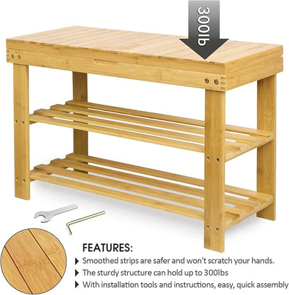 BAMBUROBA Shoe Rack Storage Bench Bamboo Organizer Entryway Organizing Shelf with Storage Drawer on Top, Natural