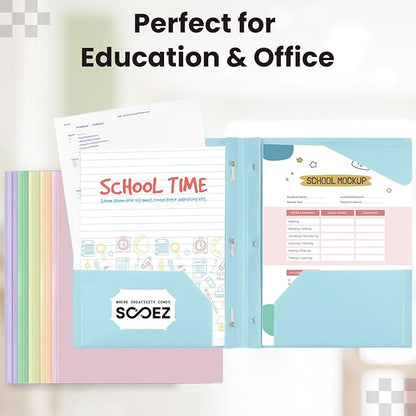 Sooez 6 Pack Plastic Folders with Pockets and Prongs, 3 Prong Folders with Pockets and Writable Label, Heavy Duty 2 Pocket Folder with Brads, Letter Size Prong Folder for School Office, Pastels Color