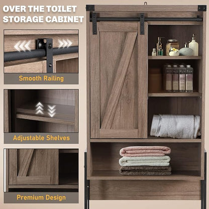 Over The Toilet Storage Cabinet, Behind Toilet Bathroom Organizer with Adjustable Shelves, Above Toilet Organizers with Barn Door, Space Saver for Restroom, Bathroom, Laundry, Grey