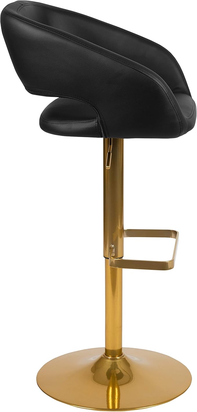 Flash Furniture Erik Contemporary Adjustable Height Barstool with Footrest and Rounded Mid-Back, Upholstered Bar or Counter Height Stool, Black/Gold