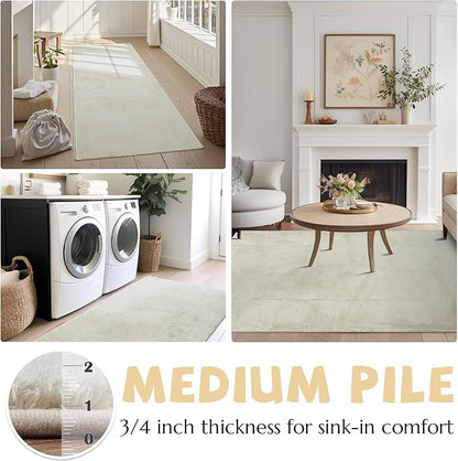 jinchan Solid Plush Area Rug 5x7 Performance Shaggy Washable Rug Indoor Soft Modern Faux Wool Cozy Non Slip Carpet for Living Room Kids Room Bedroom Dining Room Nursery Ivory
