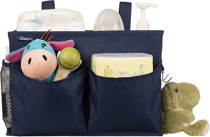 Surblue Bedside Caddy Hanging Organizer Storage Bag Pocket for Bunk, Hospital, College Dorm Rooms, Baby Bed Rails, Camp - 4 Pockets, 2 Hooks (Blue)