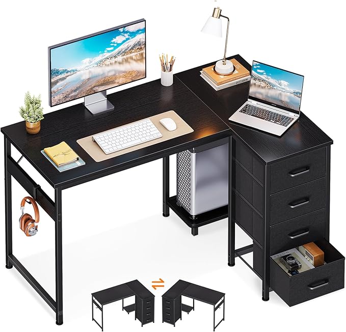 Casaottima L Shaped Desk with 4 Drawers, 40" Small Corner Computer Desk with Storage, Reversible Kids Study Table with CPU Stand & Hook, Work Table for Home Office, Black