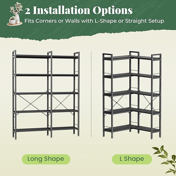 Huuger 5 Tier Bookshelf, L Shaped Corner Bookshelf with 10 Open Shelves, 49.4 Inch Straight Wide Bookcase with Metal Frame and Wooden Board, Adjustable Feet, Black