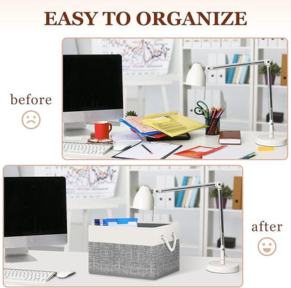 Storage Bin,Collapsible Storage Basket For Organizing,Large Storage Boxes With Rope Handles,Storage Containers,White & Grey,8 Pack