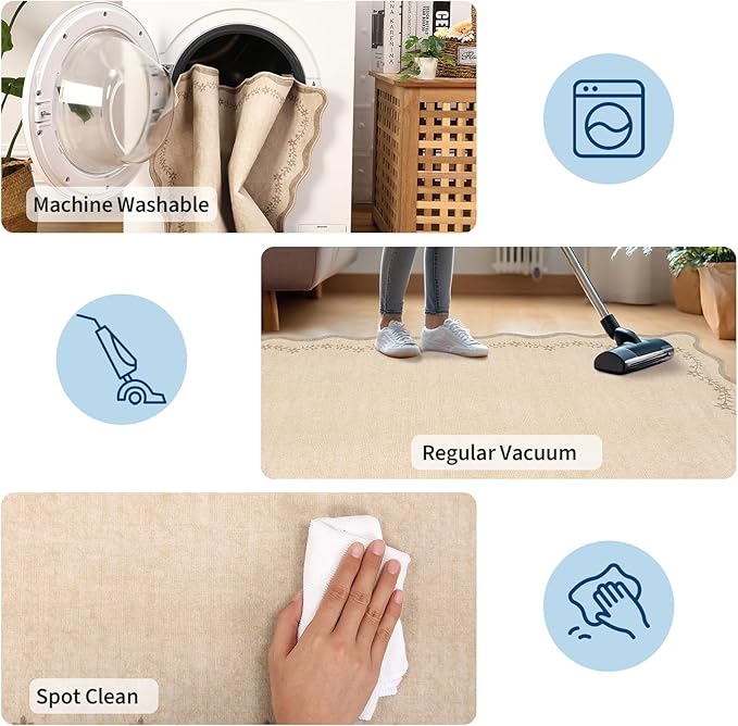 GarveeHome 2x6 Scalloped Washable Runner Rug for Kitchen, Soft Tan Jute Hallway Runner Non Slip Entryway Rug Farmhouse Thin Laundry Mat Stain Resistant Carpet for Bedroom Bathroom Beside Rug