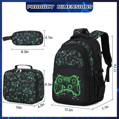 Boys Backpack for School, 3PCS Cool Luminous Gamer Backpack for Boys with Lunch Box Pencil Case, Kids Backpacks Bookbag for Teen Boy Elementary Middle High School with USB Charging Port
