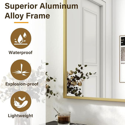 HARRITPURE 28"x20" Bathroom Mirror for Wall, Gold Framed Rectangle Mirror Aluminum Alloy Frame Wall-Mounted Horizontally/Vertically for Entryway/Bedroom/Vanity