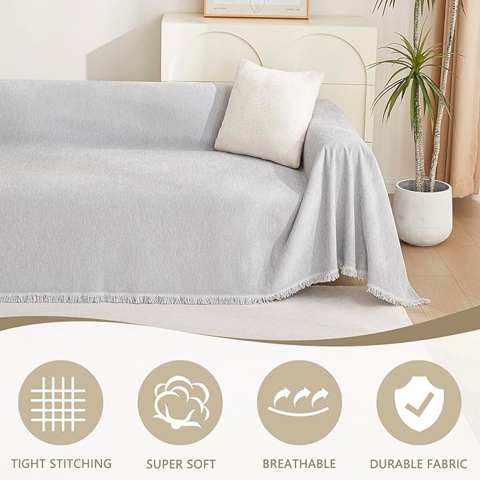 MYSKY HOME Light Gery Chenille Sofa Cover for Dogs Cats Tassel Edge Couch Cover Furniture Protectors for Pets Universal Couch Cover Thick Durable Sectional Couch Covers for 3 Cushion Couch, 71"x 134"