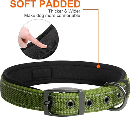 Fida Heavy Duty Dog Collar for Large Dogs, Ultra Comfortable Soft Neoprene Padded, Adjustable Reflective Nylon Pet Collar with Durable Metal Belt Buckle for Large Breeds (L, Green)