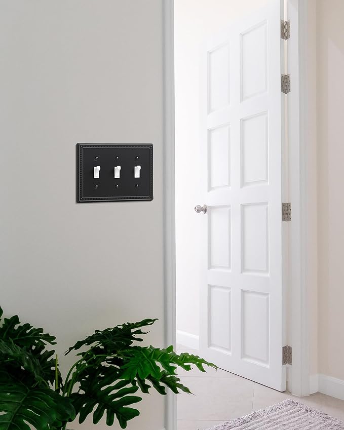 2-Pack Triple Toggle Light Switch Cover Plate, Pearls Decorative Switch Plate Covers, Black 3 Gang Metal Wall Plate, Corrosion Resistant
