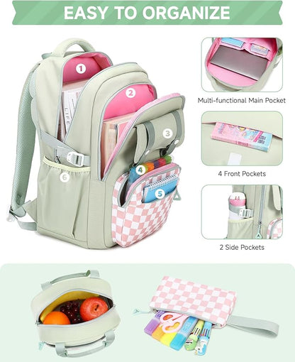 Girls Backpack with Lunch Box 3Pcs, Waterproof School Bag Set for Teen Elementary Middle School, Multi-Pocket Laptop Bookbag Lightweight, Green