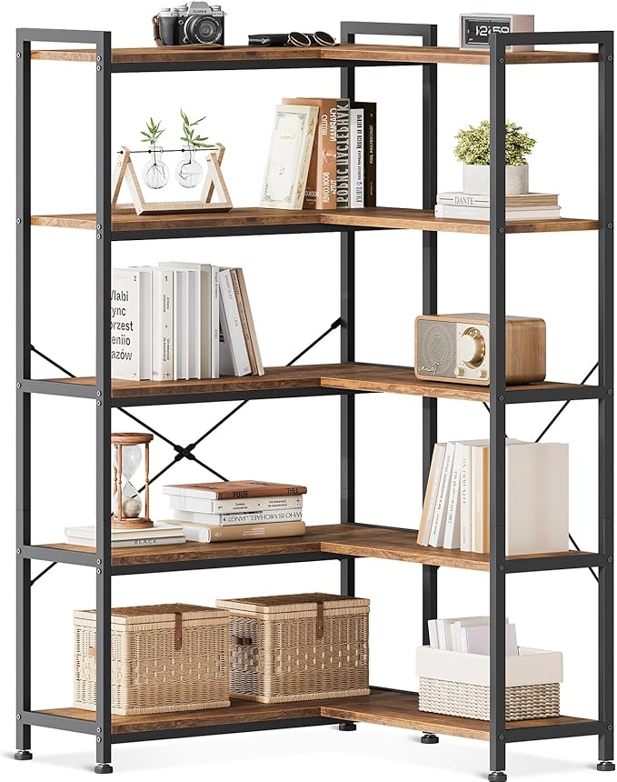 Casaottima Corner Bookshelf 5 Tier, 57 Inches Reversible Book Shelf for Living Room, Industrial Wooden Bookcase with Open Shelves and Metal Frame for Bedroom, Home Office, Kitchen, Rustic Brown