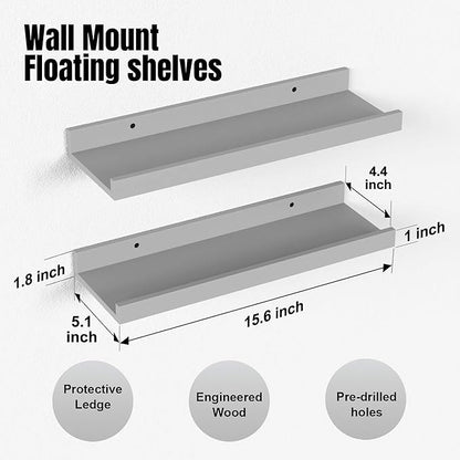 Floating Shelves for Wall, Wall Shelves Set of 2, Bedroom Shelves with Lip, Display Picture Ledge Shelf for Wall Decor Bedroom Living Room Bathroom Kitchen - Grey