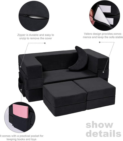 Modular Kids Sofa,Toddler Couch Foam Armchair for Kids, Children Convertible Plush Sofa Play Set,Fold Out SofaBed(Black)