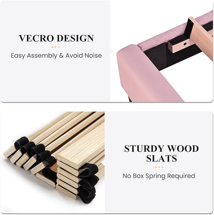 SHA CERLIN King Bed Frame/Velvet Upholstered Platform Bed Frame with Headboard/Strong Wood Slats Support/Mattress Foundation/No Box Spring Needed - Pink
