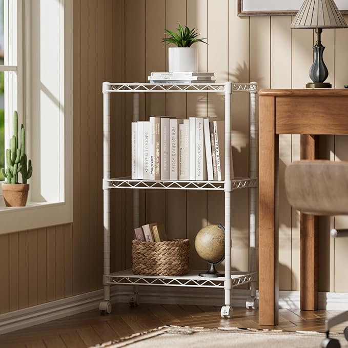 SINGAYE 3 Small Shelves Storage Shelf Wire Shelving Unit Metal Shelf Adjustable Organizers Storage Shelving with Wheels for Bathroom Laundry Room Kitchen Pantry11.5”D x 17.3”W x 30”H White
