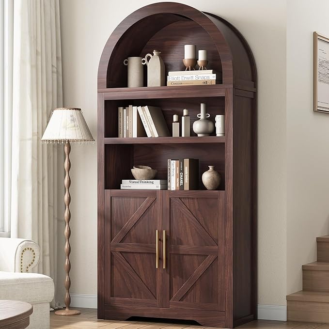 Arched Bookshelf Bookcase China Pantry Storage Cabinet with Doors and Shelves,Kitchen Pantry Cabinet,71“ Tall Food Pantry Furniture for Living Room, Dining Room (Brown)