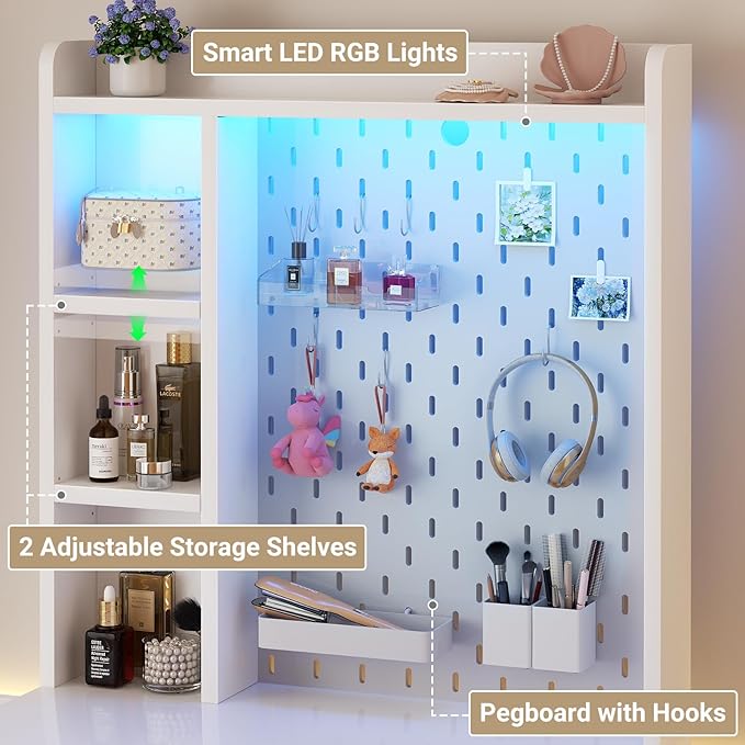 Small Vanity Desk with Hutch and Drawers, White Makeup Vanity Desk with Charging Station, Vanity Table Dressing Table with LED Lights, Vanity Desk No Mirror with Pegboard for Girls Women, 24"