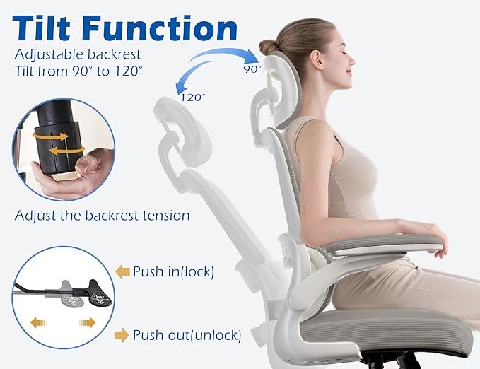 TRALT Ergonomic Office Chair - Desk Chair with Adjustable Headrest Lumbar Support Computer Chair - Mesh Comfy Chair with Flip-up Armrests - Gaming Chairs for Adults Home Office (Leather, Grey)