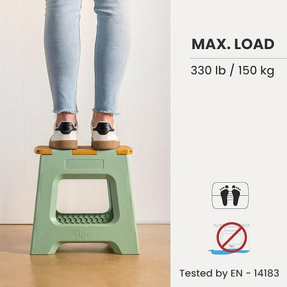 Vigar Compact Step Stool Foldable, 12-1/2-inch Step Stools for Adults up to 330 Pound, Lightweight Stool, Non-Slip Folding Step Stool, Bamboo Print on Top, Vintage Green