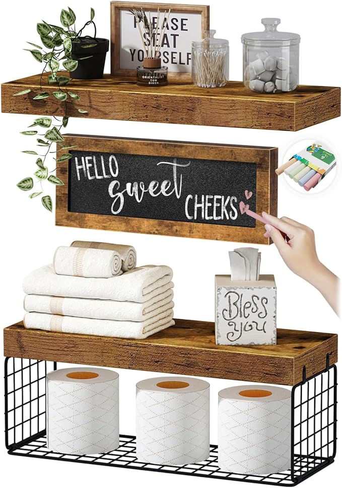QEEIG Bathroom Shelves Over Toilet - Paper Storage Wall Mounted Farmhouse Decor Decorations Chalkboard Small Floating Shelf 2+1 Set 16 inch, Rustic Brown (021BN)
