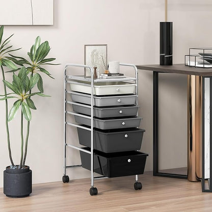 COSTWAY 6-Drawer Rolling Storage Cart, Multifunctional Art Craft Tools Organizer on Wheels, Heavy Duty Utility Mobile Storage Trolley w/ 2 Lockable Wheels for Home Office School, Mixed Black