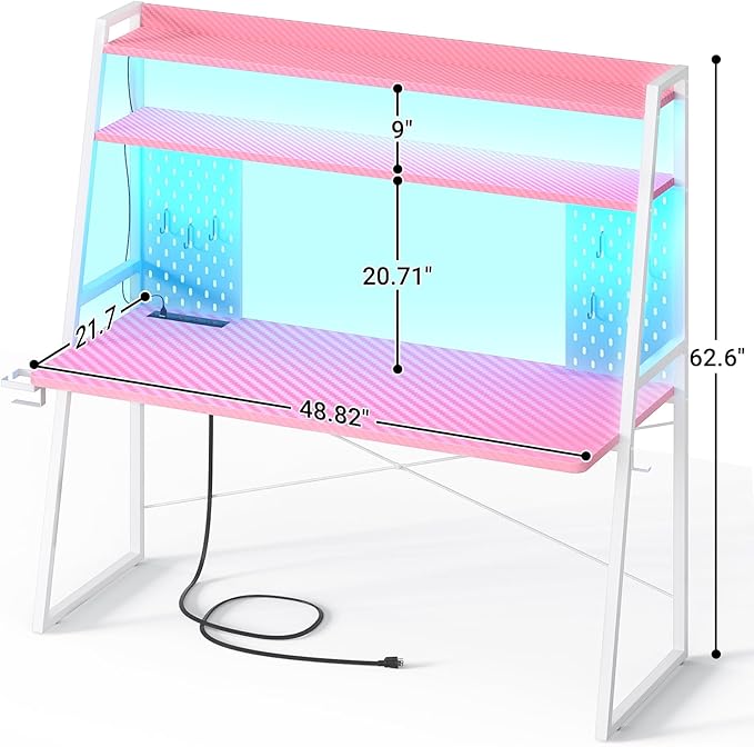 Gaming Desk with Hutch and LED Lights, Gaming Computer Desk with Power Outlets, Gamer Desk with Storage Shelves, PC Game Desk with Pegboards for Bedroom, Carbon Fiber Pink, 49"