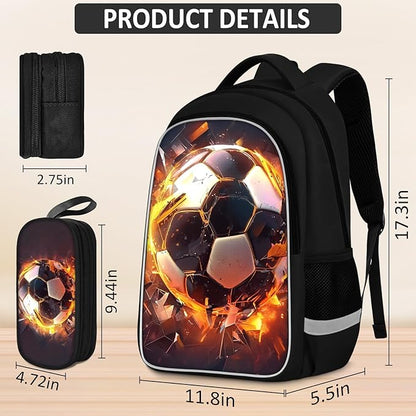 School Backpack for Boys - 4pcs Soccer Boys Backpack with Lunch Box and Pencil Case for Kids Children Teens Elementary Middle School - Students Bag for Ages 6-18,17″Bookbag Travel Back Pack