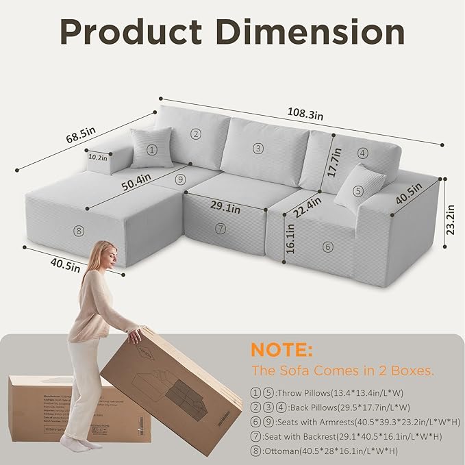 INGEROOM 108" Cloud Sectional Couch, Modular Sectional Sofa with L-Shaped Chaise, Modern Plush Corduroy Couch for Living Room Bedroom, No Assembly Required, Deep Seat（Gray）