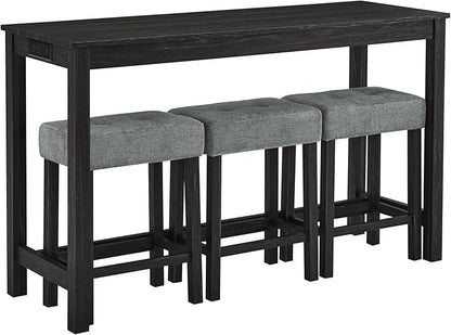 Ball & Cast 4 Piece Kitchen Dining Room Table and Chairs Set, Farmhouse Wooden Counter Height Bar-Sets w/USB Ports & Power Outlet & 3pcs Stools, 59" Sofa-Table Barstool w/Charging Station, Black