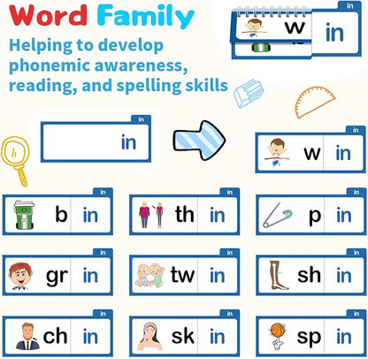 Word Family Build Book, 30 Read and Rhyme Flip Activity Book, Dinosaur ABC Learn to Read Phonics Flash Cards for Preschool/Kindergarten, CVC Words Reading Games for Kids Ages 3-8