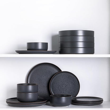 LERATIO Stoneware Dinnerware Sets for 4,Handcarft Ceramic Plates and Bowls Sets,Chip and Scratch Resistant Dishes, Dishwasher & Microwave Safe, Oven safe,Reactive Glaze-Speckled Ashen