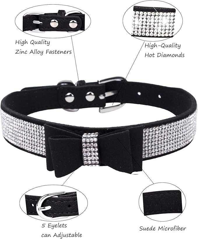 Rhinestone Dog Collar for Small Medium Large Dogs, Adjustable Leather Suede Bling Dog Collars，Diamond Bow Tie Puppy Collars for Boy and Girl.