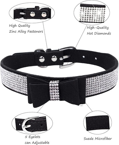 Rhinestone Dog Collar for Small Medium Large Dogs, Adjustable Leather Suede Bling Dog Collars，Diamond Bow Tie Puppy Collars for Boy and Girl.